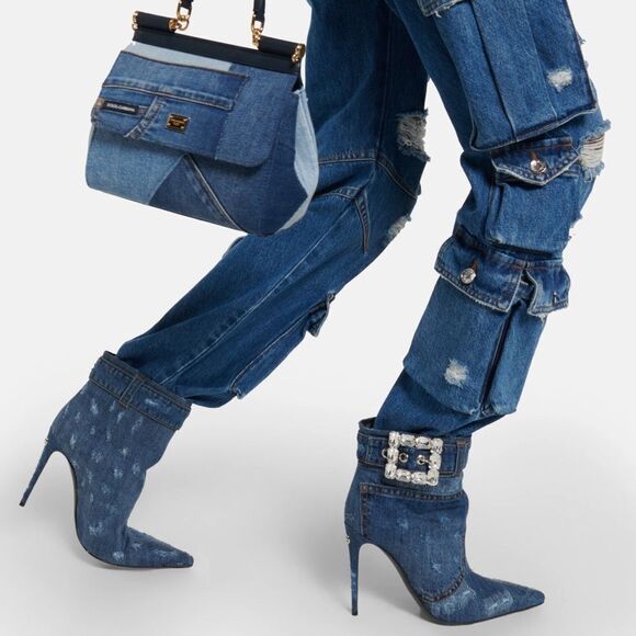 DOLCE & GABBANA Patchwork denim ankle boots with rhinestone buckle - Picture 2 of 16